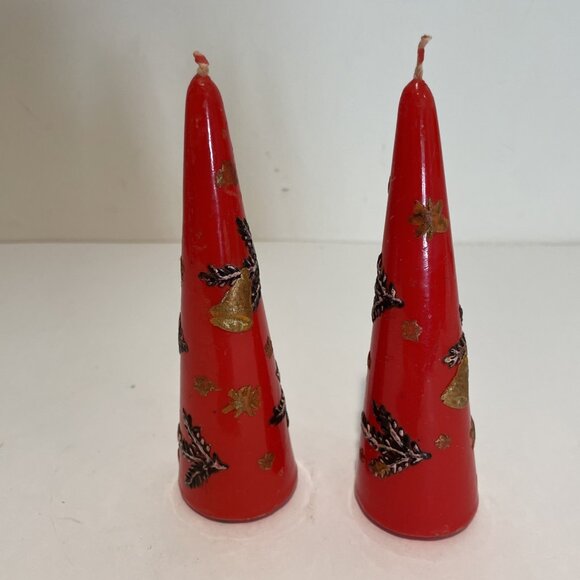 2 Vintage Hand Painted Christmas Candles Red Bells Tree Shaped 6" West Germany - Picture 3 of 5